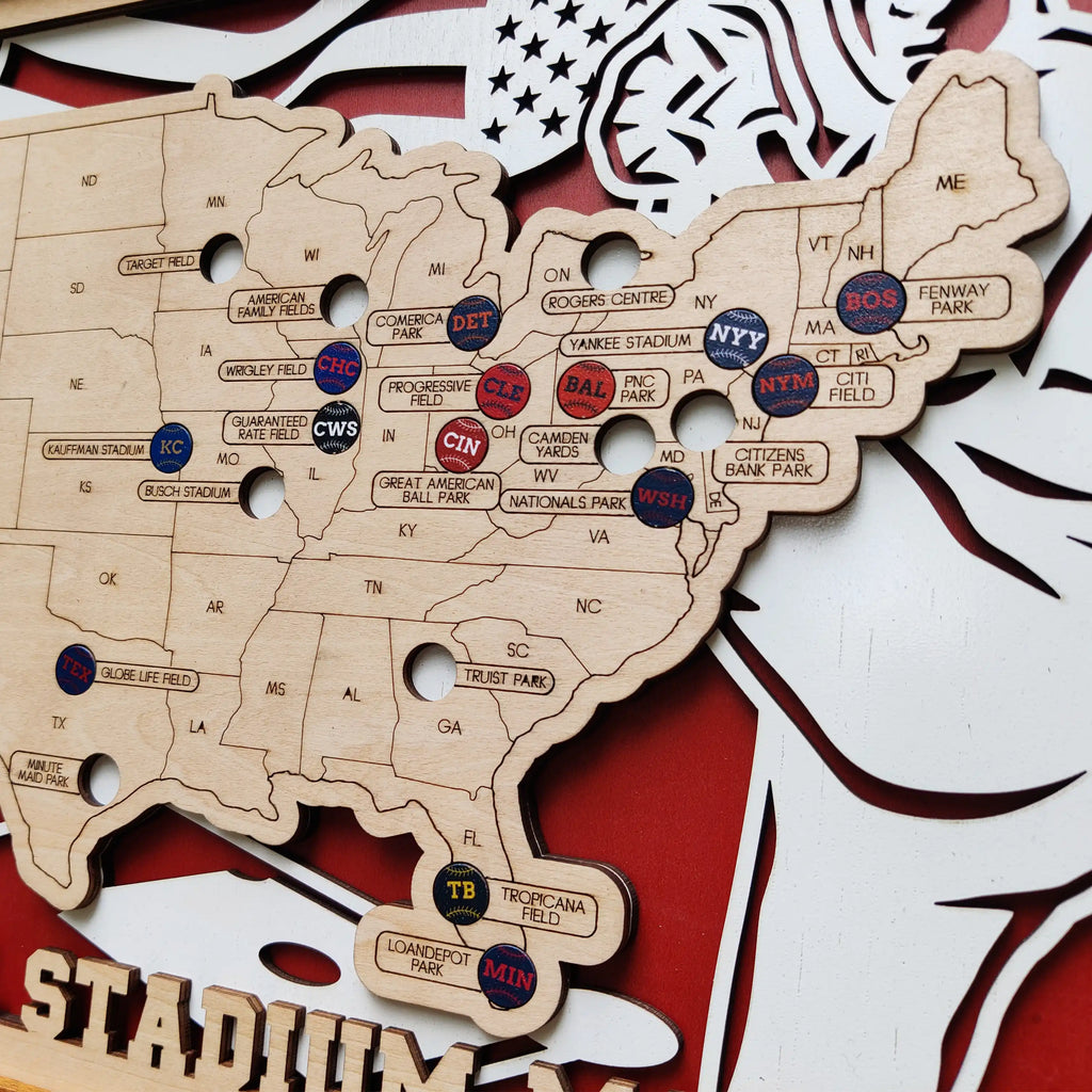 Custom Team Color Wooden MLB Stadium Map with Team Pins