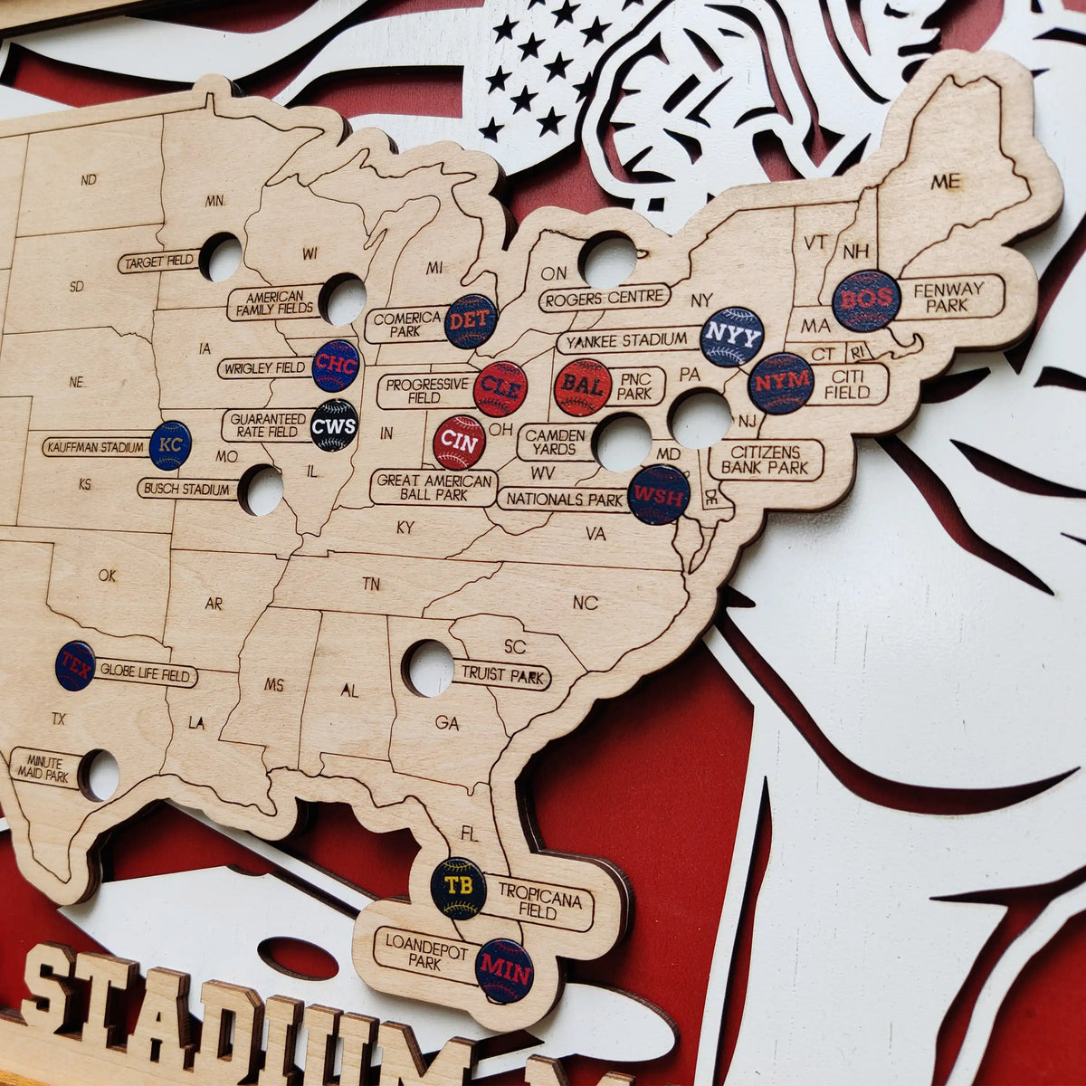 Custom Team Color Wooden MLB Stadium Map with Team Pins
