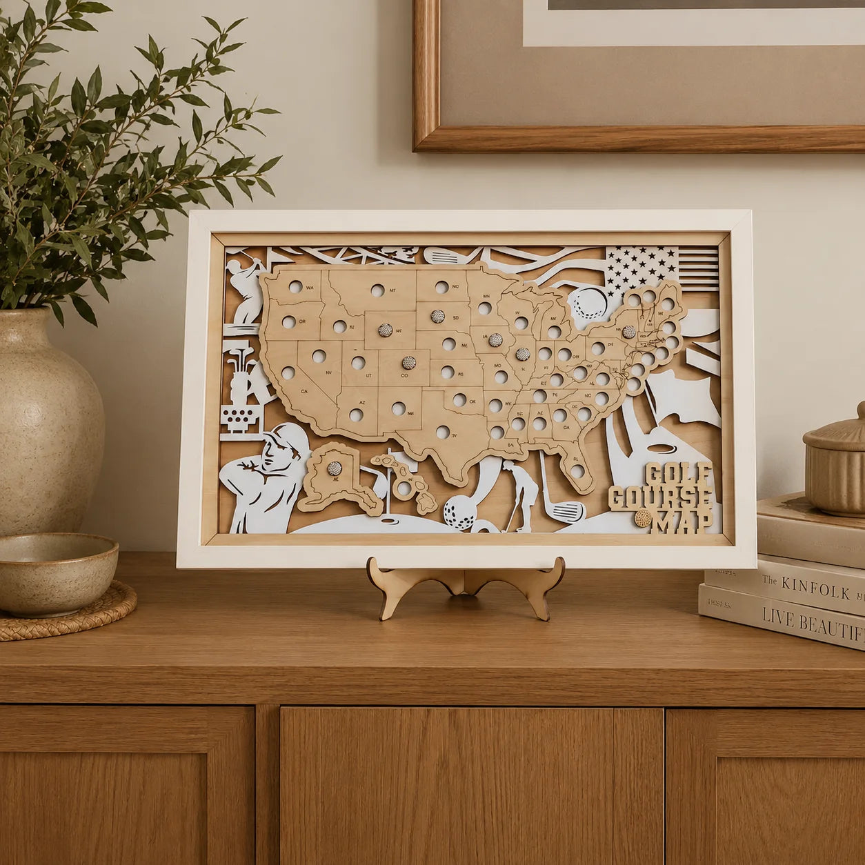 Personalized Golf Course Tracker Map – Natural Wood Background