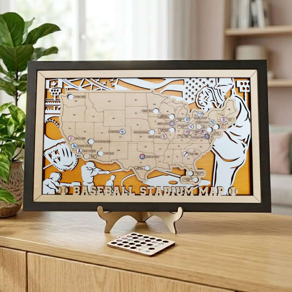 Custom Team Color Wooden MLB Stadium Map with Team Logo Pins - Mappae Pilot