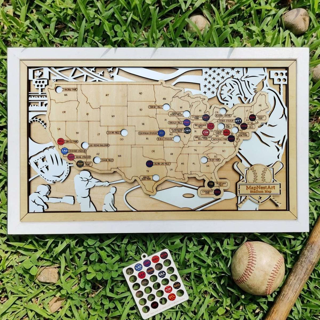 Personalized Wooden MLB Stadium Map with Engraved Nameplate & Colorful Team Pins - Mappae Pilot