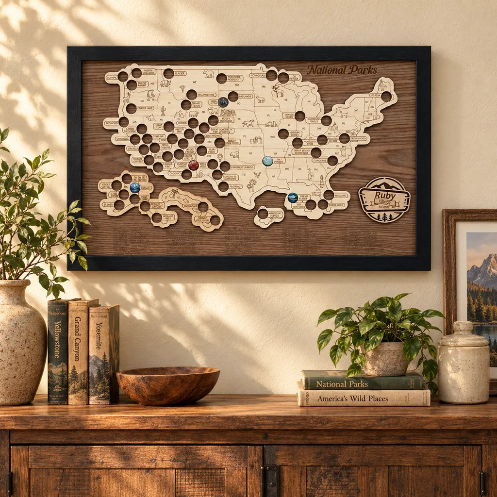 Custom National Parks Map - Hiker Gift for Him Her & Travel Decor