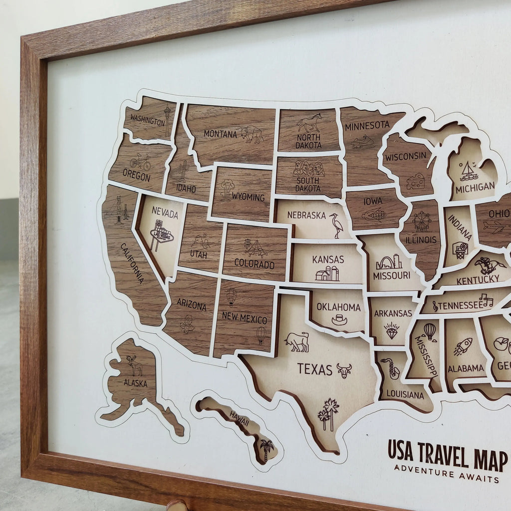 3D Wooden USA Puzzle Map Wall Art - 50 States Push Pin Travel Tracker Board