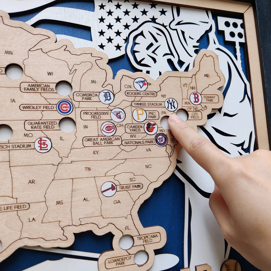 Custom Team Color Wooden MLB Stadium Map with Team Logo Pins