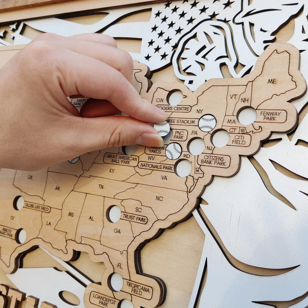 Personalized Wooden MLB Stadium Map with Baseball Pins