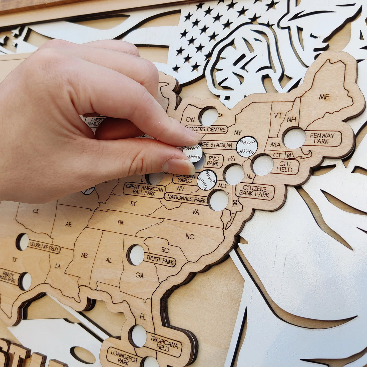 Personalized Wooden MLB Stadium Map with Baseball Pins