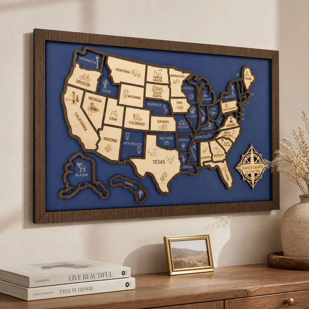 Personalized Wooden USA Travel Map Puzzle – 50 States Visited Tracker & Wall Art