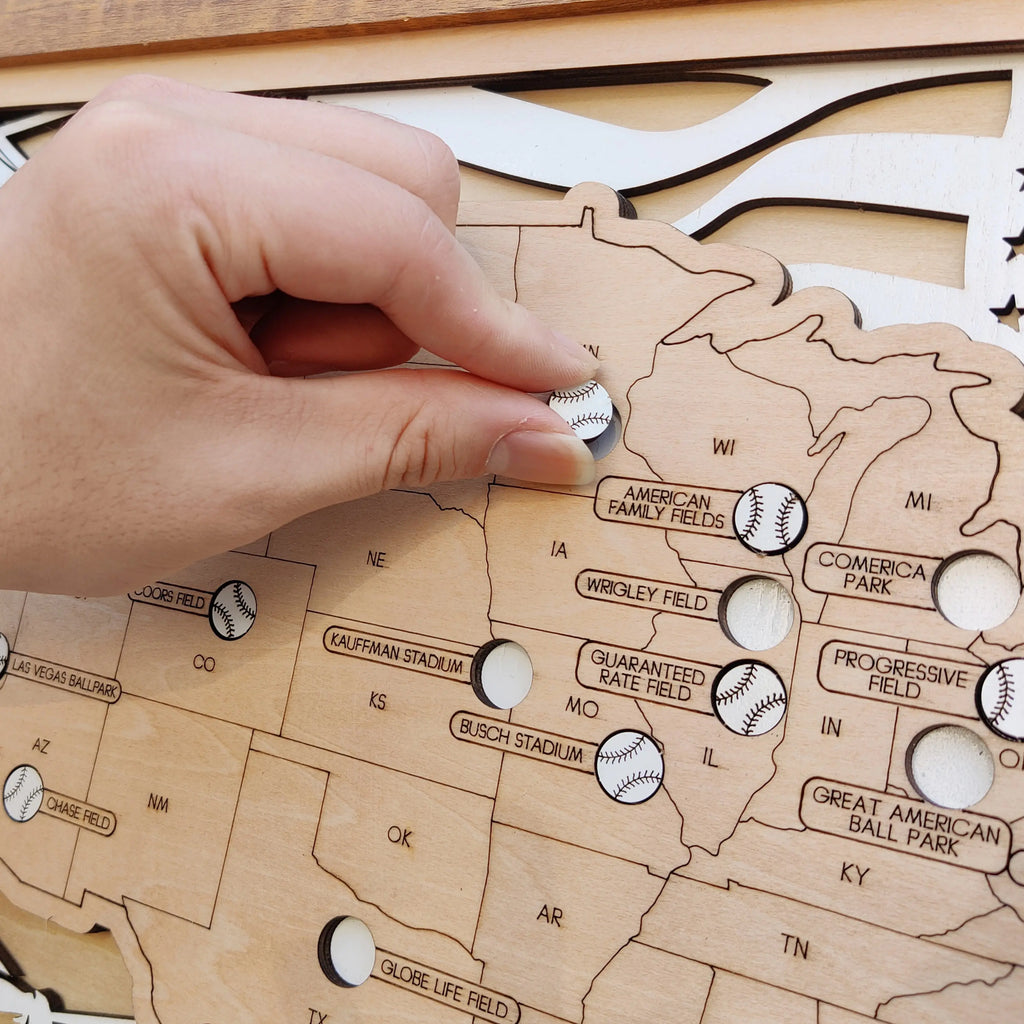 Personalized Wooden MLB Stadium Map with Baseball Pins