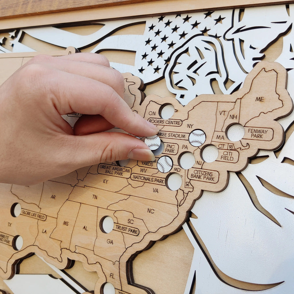 Personalized Wooden MLB Stadium Map with Baseball Pins