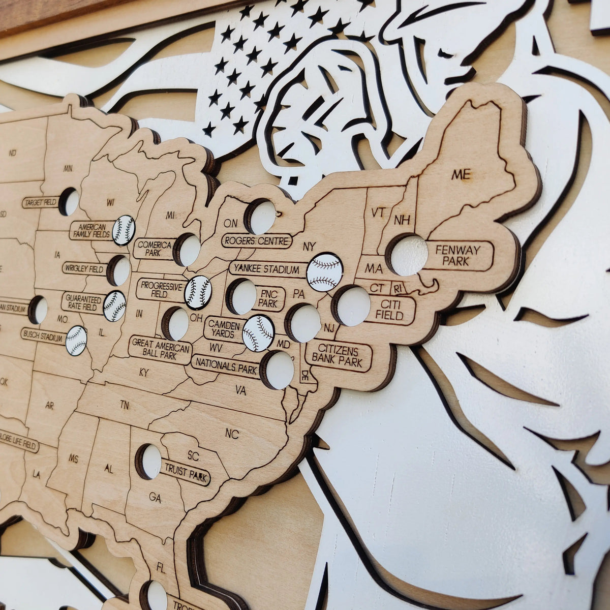 Personalized Wooden MLB Stadium Map with Baseball Pins