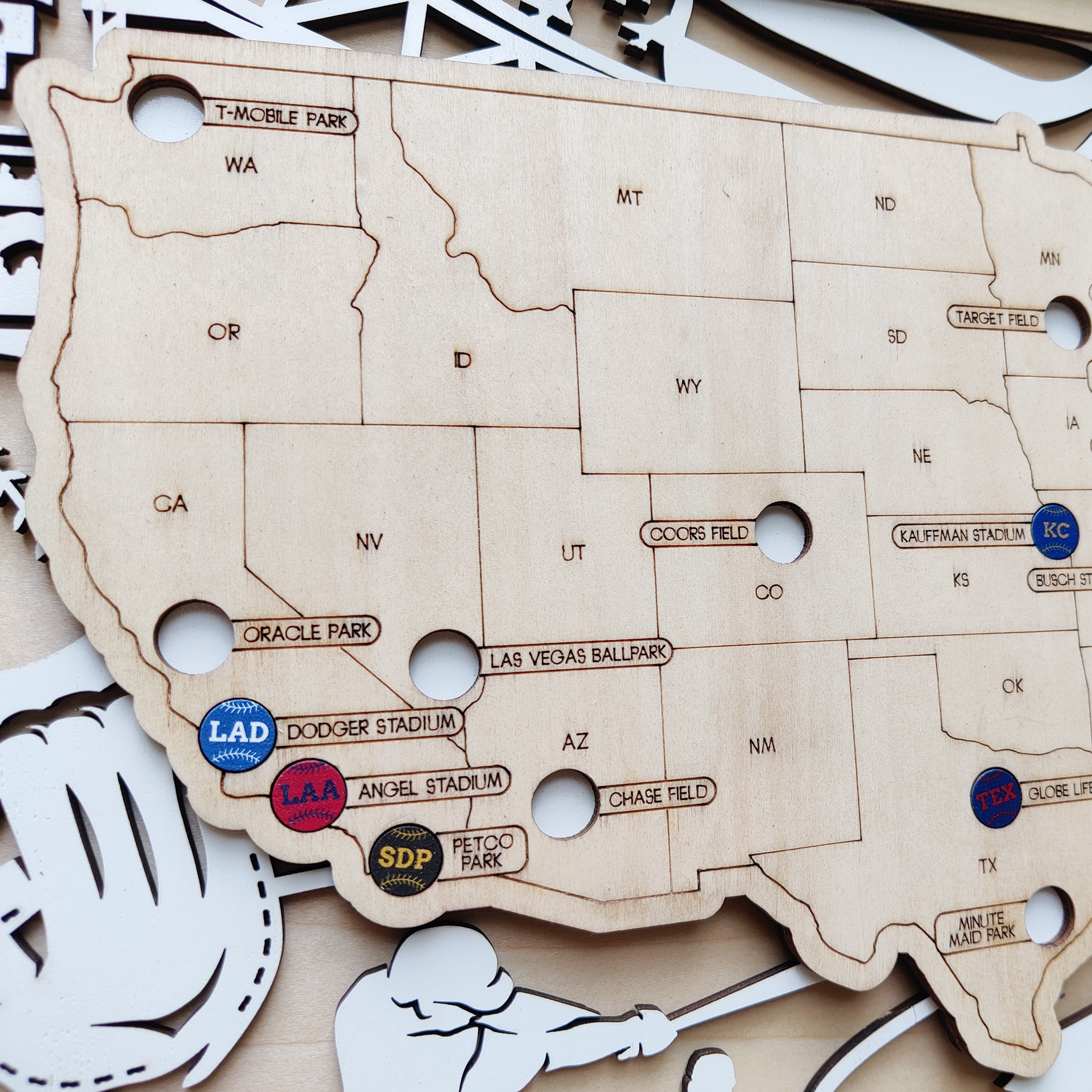 Personalized Wooden MLB Stadium Map with Engraved Nameplate & Colorful Team Pins