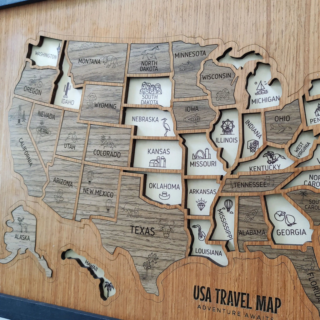 3D Wooden USA Travel Map - Personalized Road Trip Gift & RV Camper Wall Decor