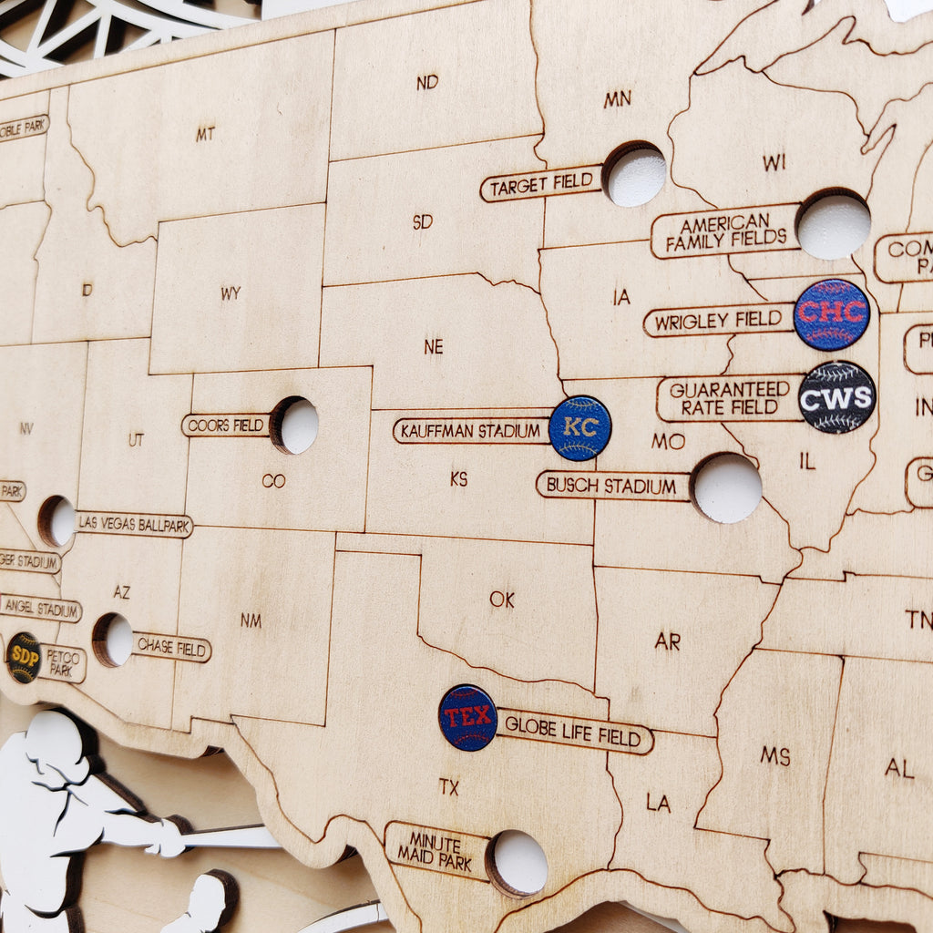 Personalized Wooden MLB Stadium Map with Engraved Nameplate & Colorful Team Pins