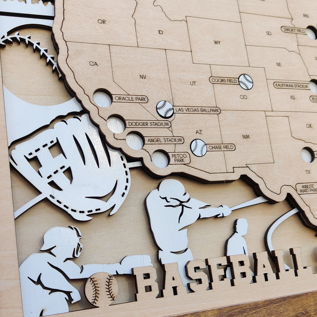 Personalized Wooden MLB Stadium Map with Baseball Pins