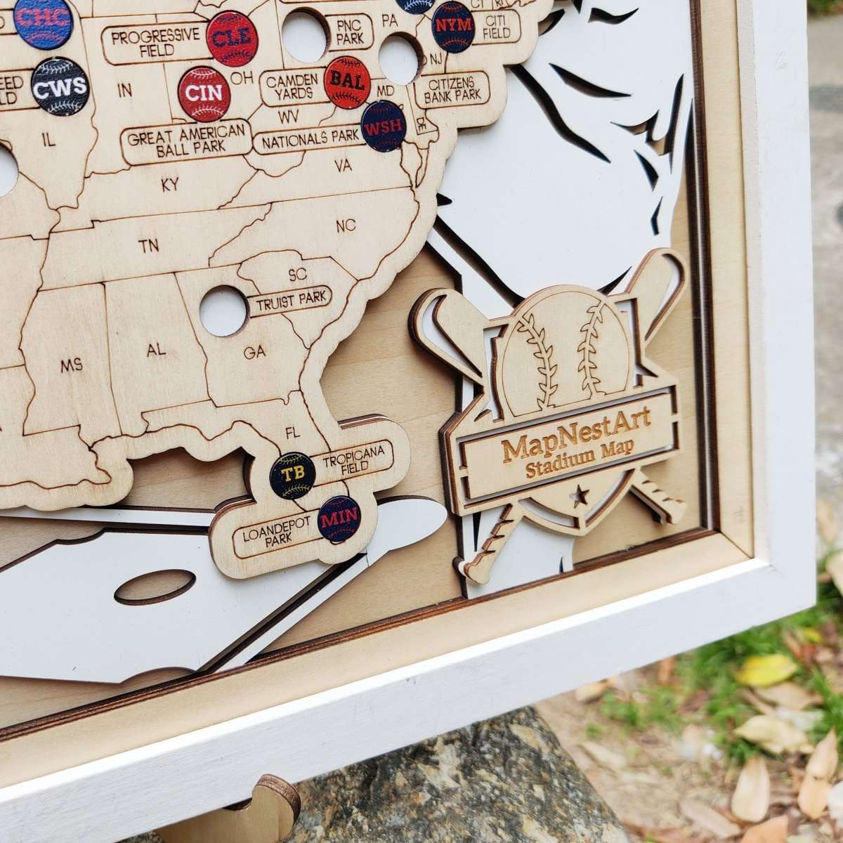Personalized Wooden MLB Stadium Map with Engraved Nameplate & Colorful Team Pins - Mappae Pilot