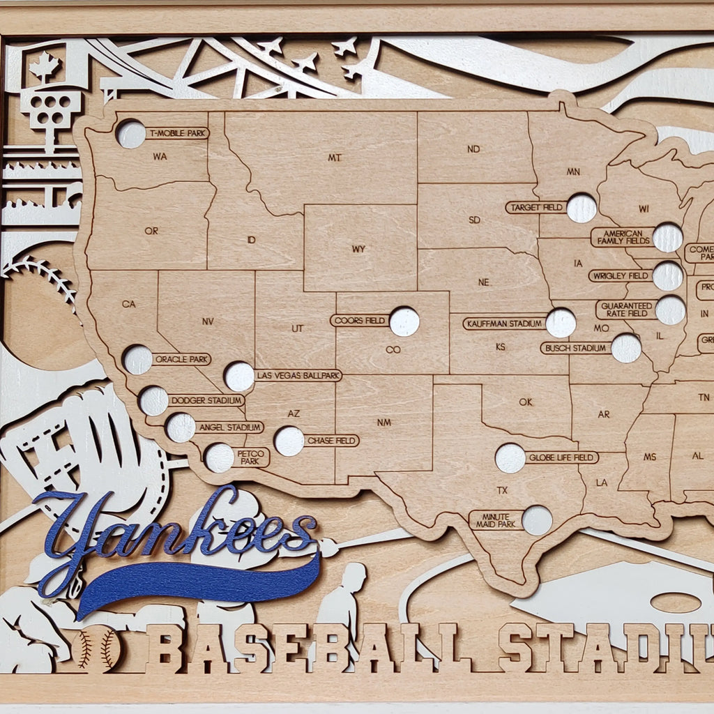 Personalized Wooden MLB Stadium Map with Baseball Pins