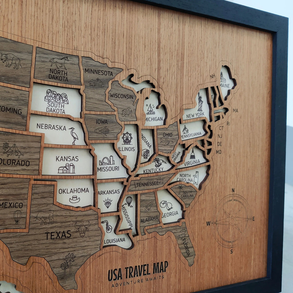 3D Wooden USA Travel Map - Personalized Road Trip Gift & RV Camper Wall Decor