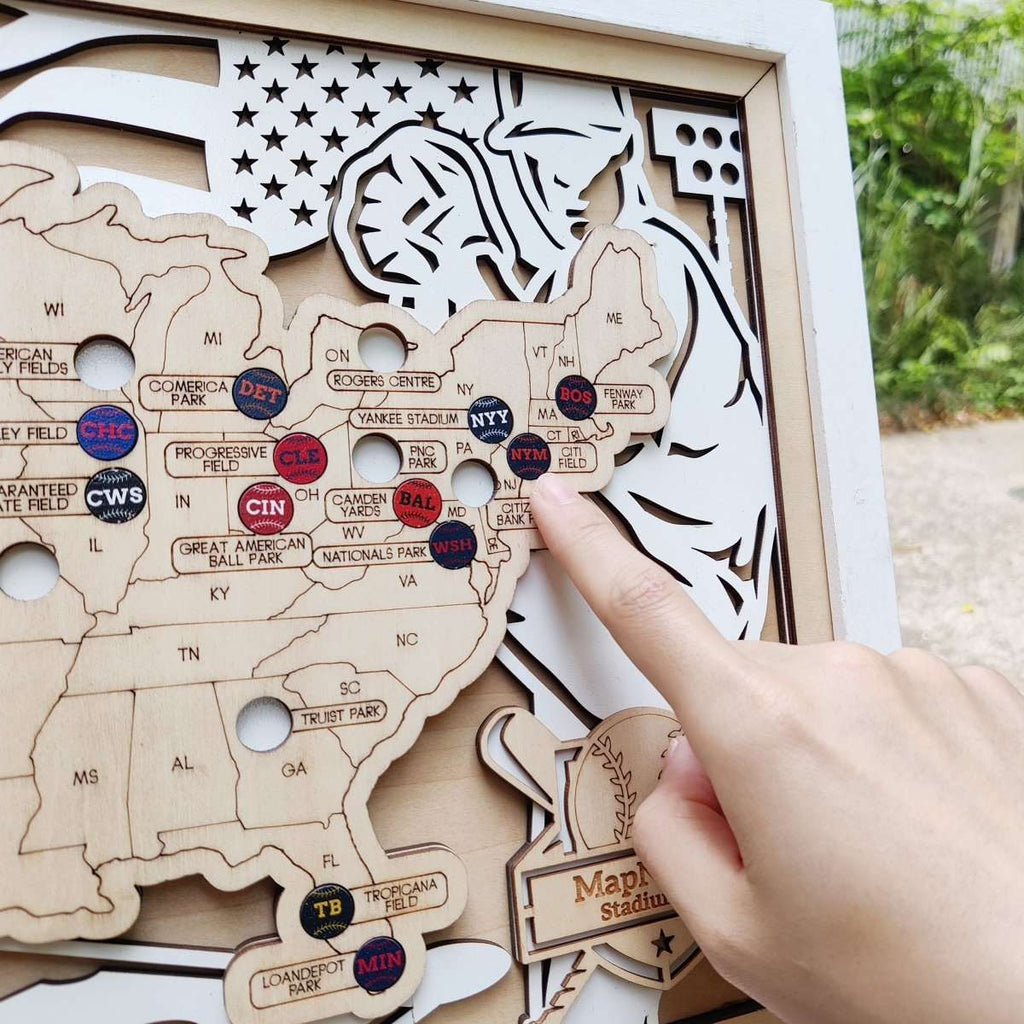 Personalized Wooden MLB Stadium Map with Engraved Nameplate & Colorful Team Pins - Mappae Pilot