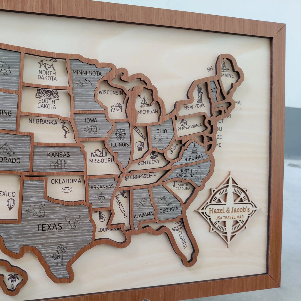 Custom Wooden US Map for States Visited – 50 States Travel Tracker Board & Puzzle