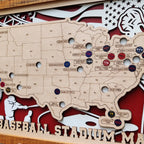 Custom Team Color Wooden MLB Stadium Map with Team Pins