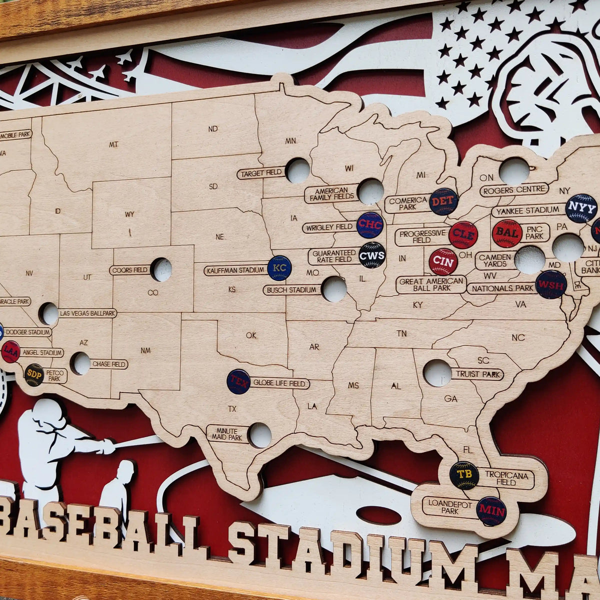 Custom Team Color Wooden MLB Stadium Map with Team Pins