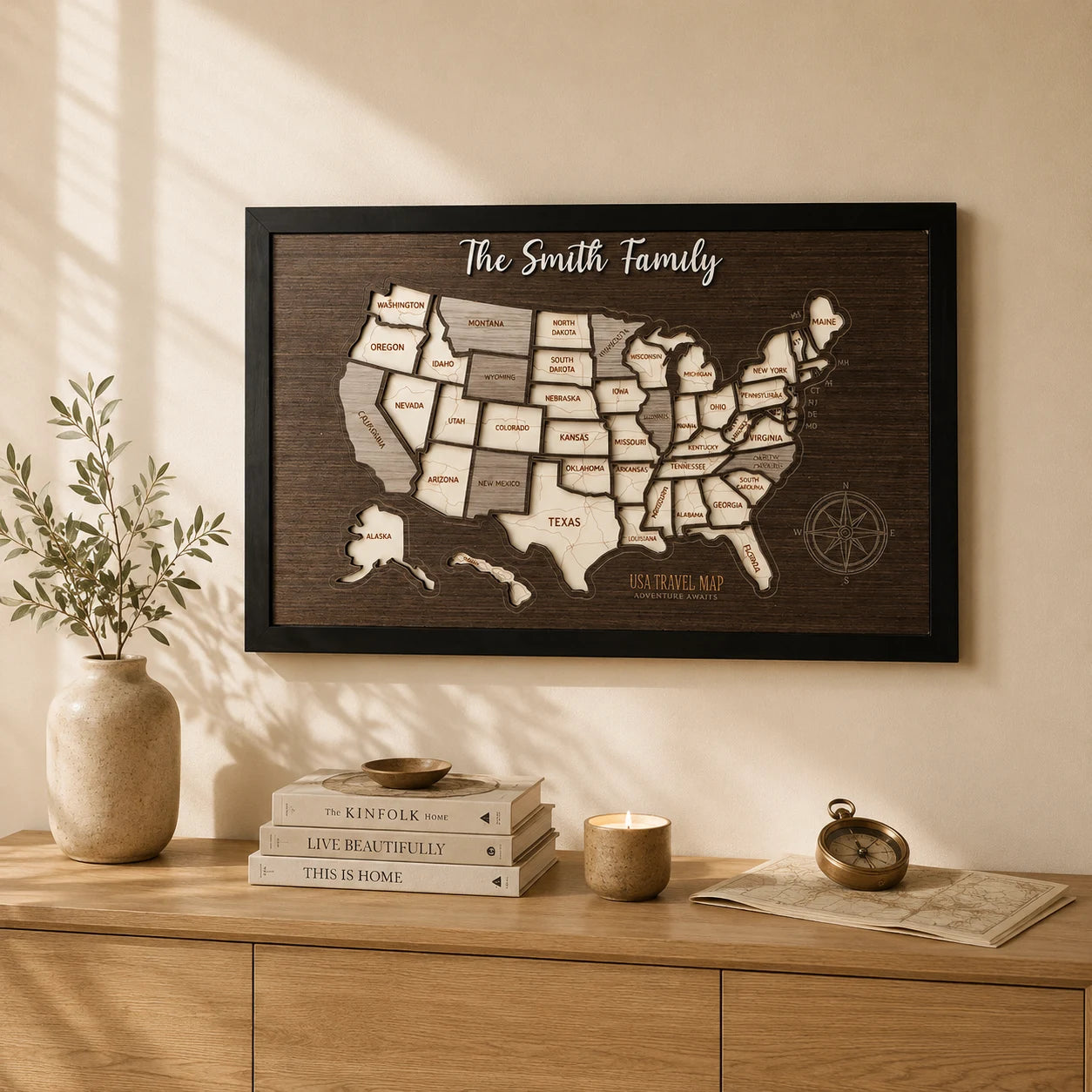 Personalized USA States Puzzle Map(Black Oak)