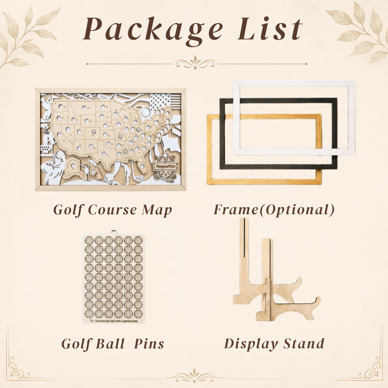 Personalized Golf Course Tracker Map with Nameplate – Natural Wood Background