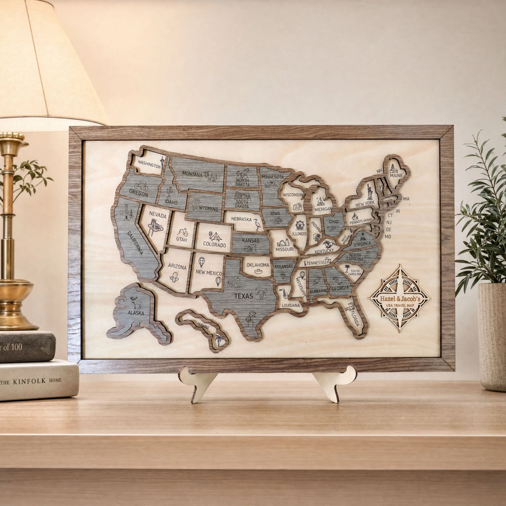 Custom Wooden US Map for States Visited – 50 States Travel Tracker Board & Puzzle