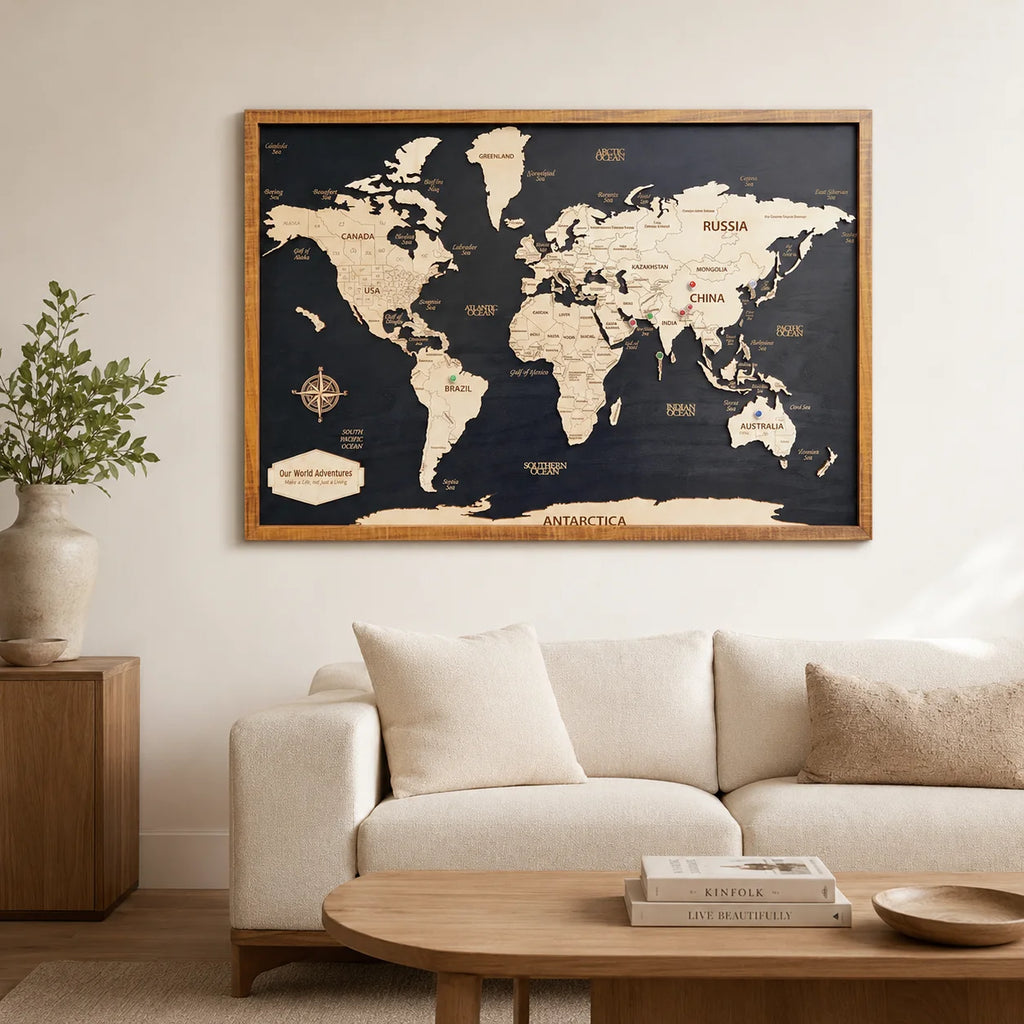 Premium Framed Wooden World Map Wall Art