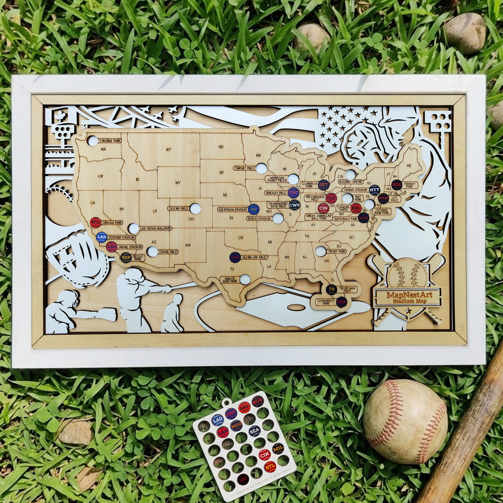 Personalized Wooden MLB Stadium Map with Engraved Nameplate & Colorful Team Pins