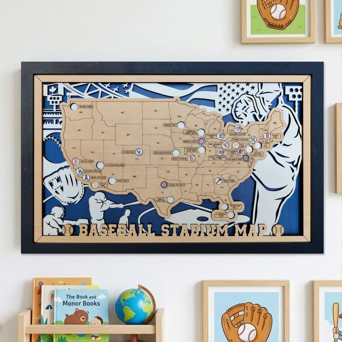 Custom Team Color Wooden MLB Stadium Map with Team Logo Pins - Mappae Pilot