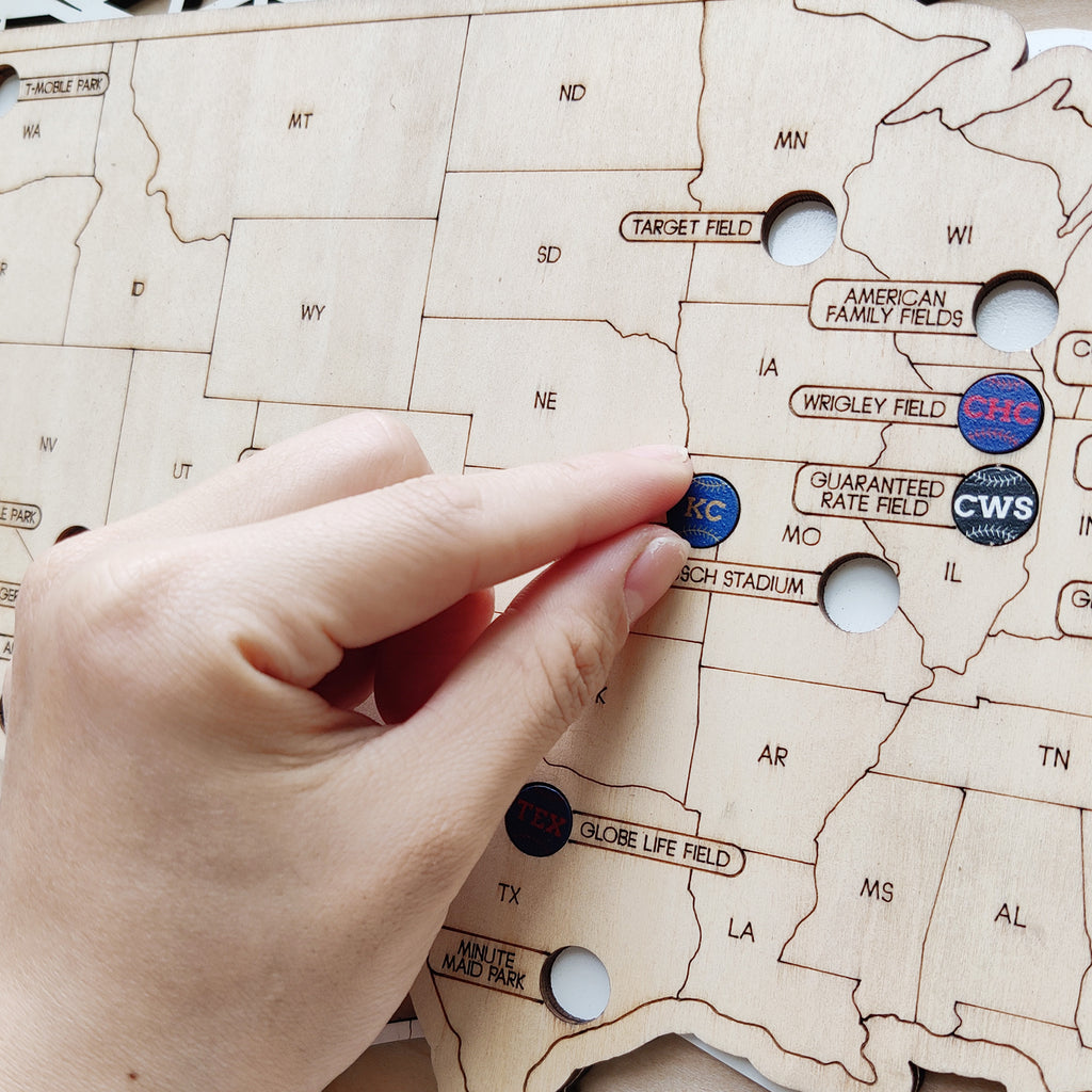 Personalized Wooden MLB Stadium Map with Engraved Nameplate & Colorful Team Pins
