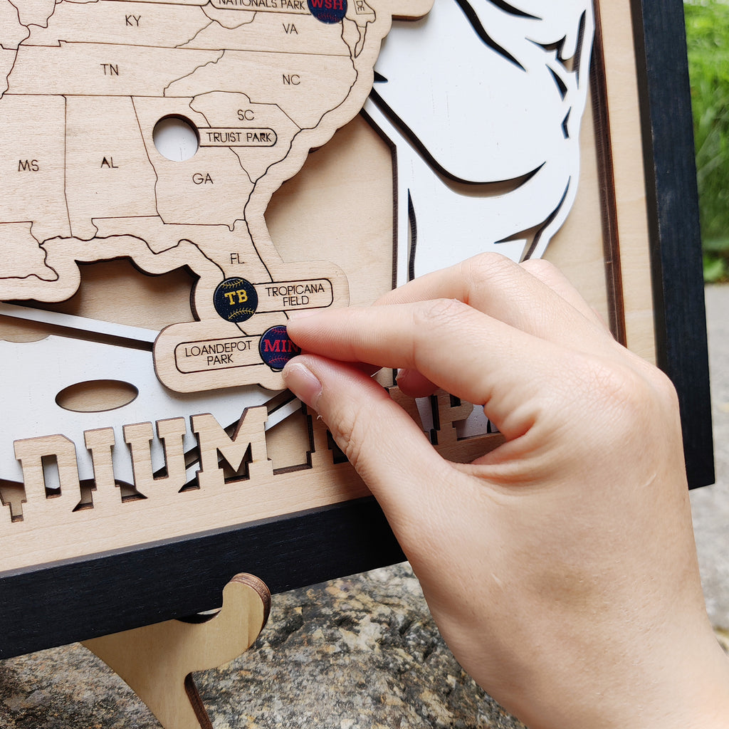 Personalized Wooden MLB Stadium Map with Colorful MLB Team Pins