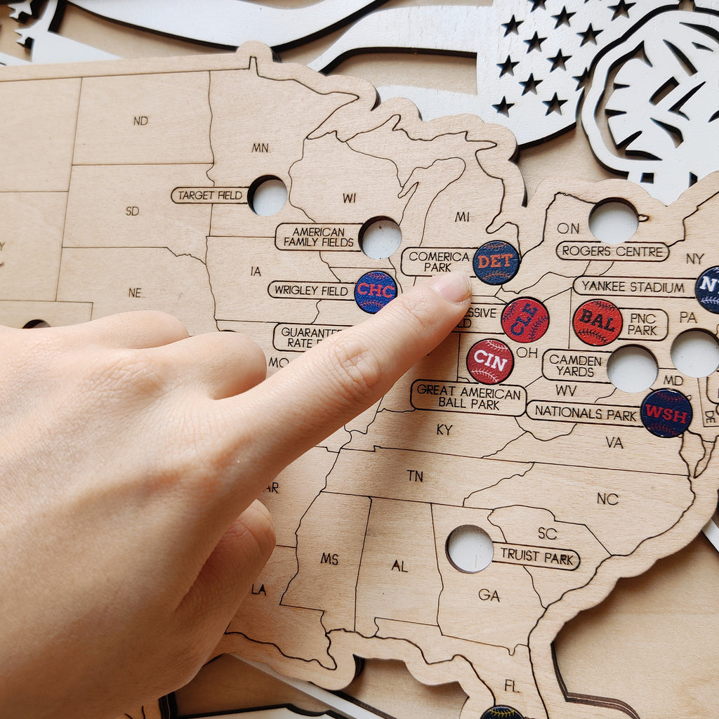 Personalized Wooden MLB Stadium Map with Colorful MLB Team Pins