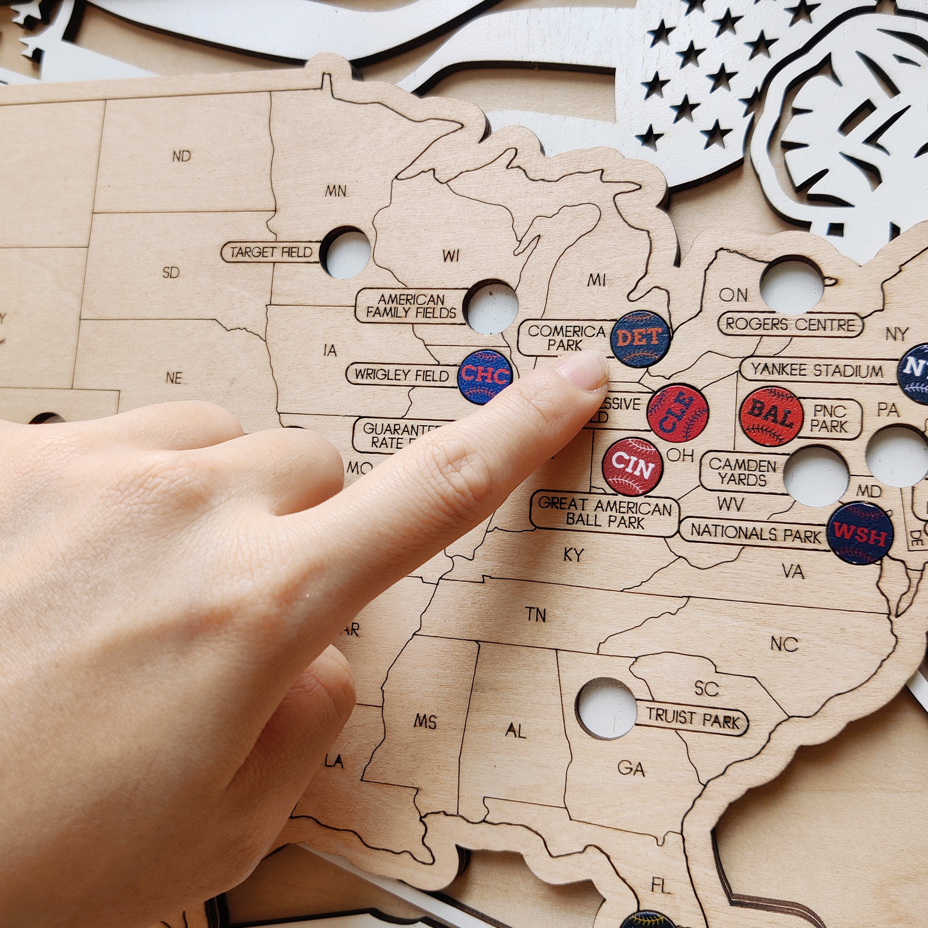 Personalized Wooden MLB Stadium Map with Colorful MLB Team Pins