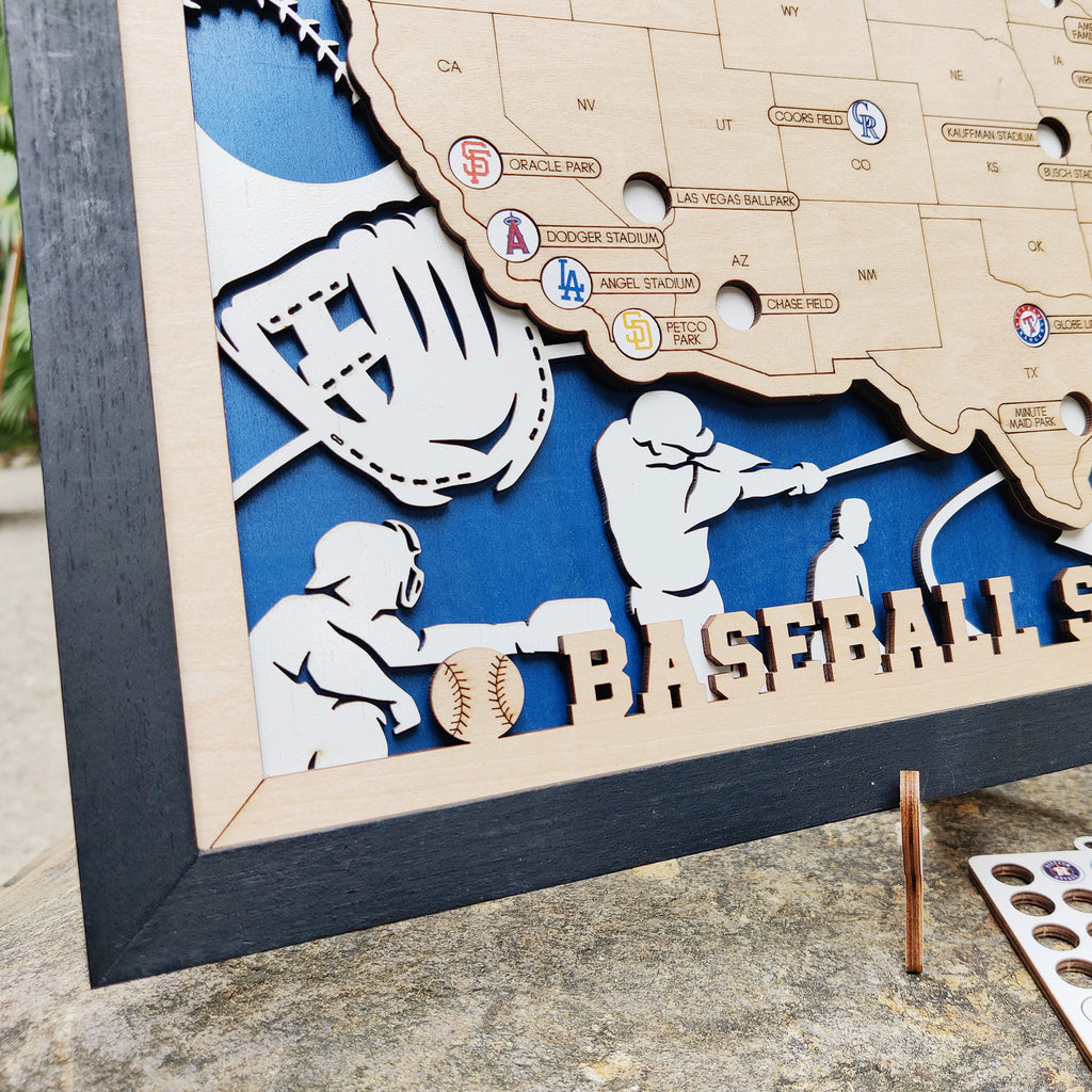 Custom Team Color Wooden MLB Stadium Map with Team Logo Pins