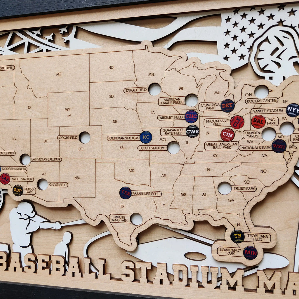 Personalized Wooden MLB Stadium Map with Colorful MLB Team Pins