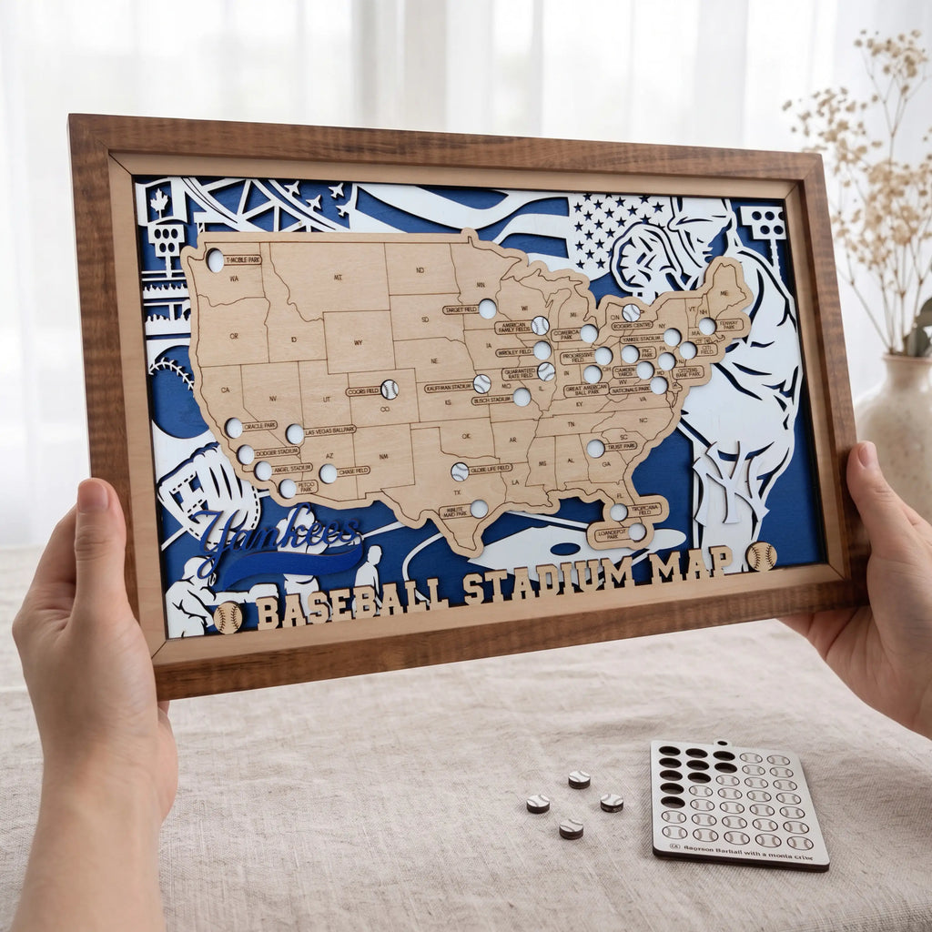 Custom Team Color Wooden MLB Stadium Map with Team Logo Pins