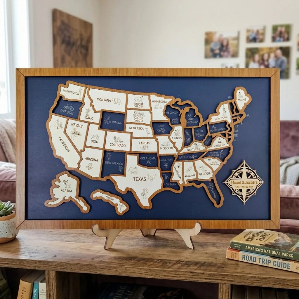 Personalized Wooden USA Travel Map Puzzle – 50 States Visited Tracker & Wall Art
