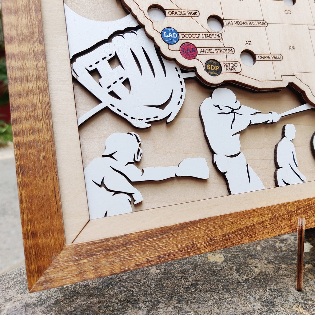 Personalized Wooden MLB Stadium Map with Engraved Nameplate & Colorful Team Pins