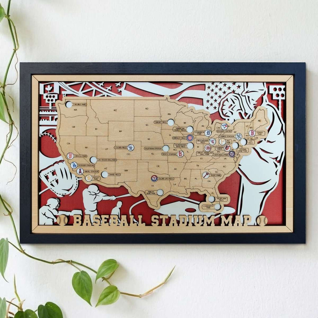 Custom Team Color Wooden MLB Stadium Map with Team Logo Pins - Mappae Pilot