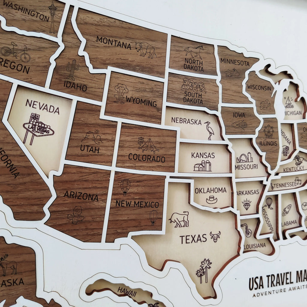 3D Wooden USA Puzzle Map Wall Art - 50 States Push Pin Travel Tracker Board