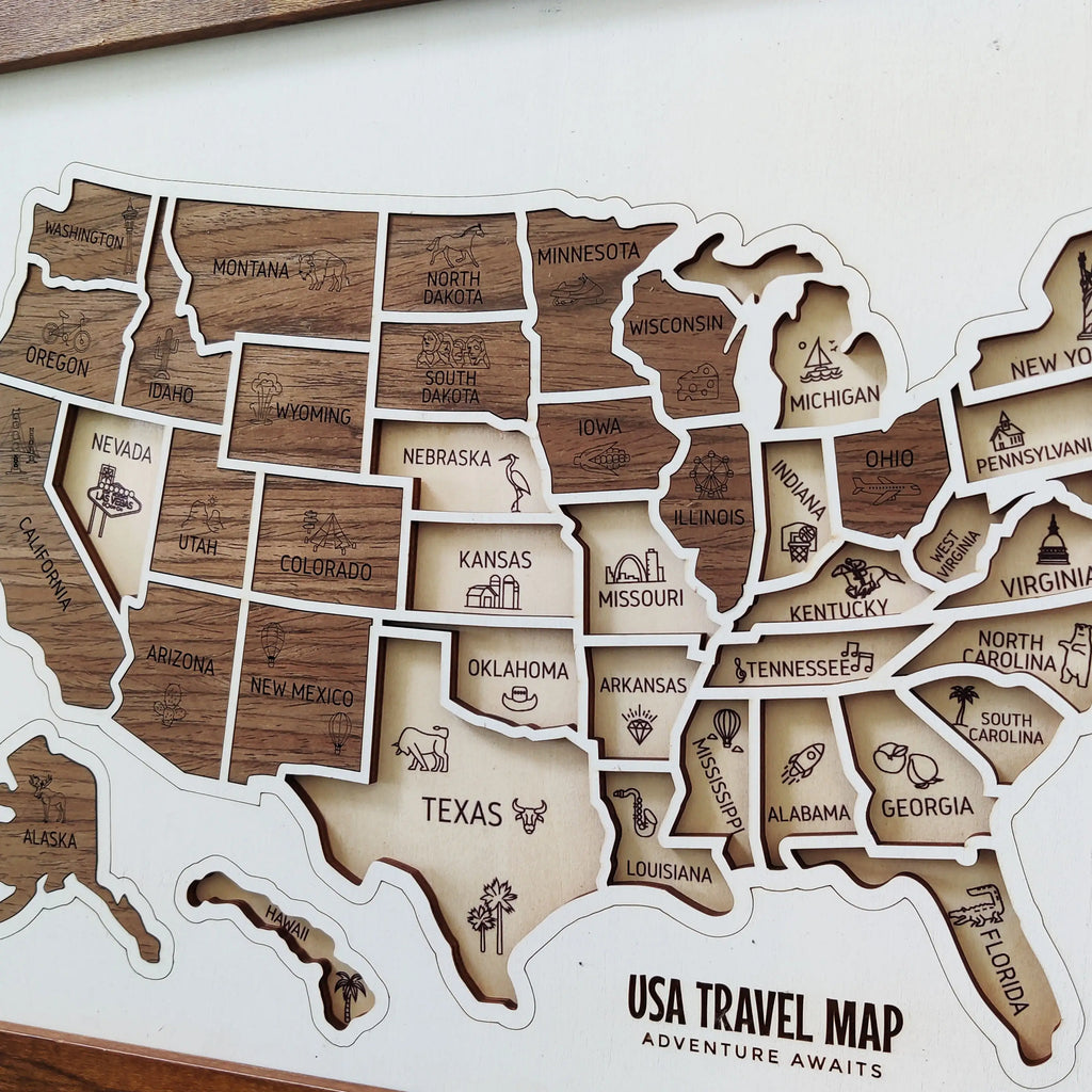 3D Wooden USA Puzzle Map Wall Art - 50 States Push Pin Travel Tracker Board