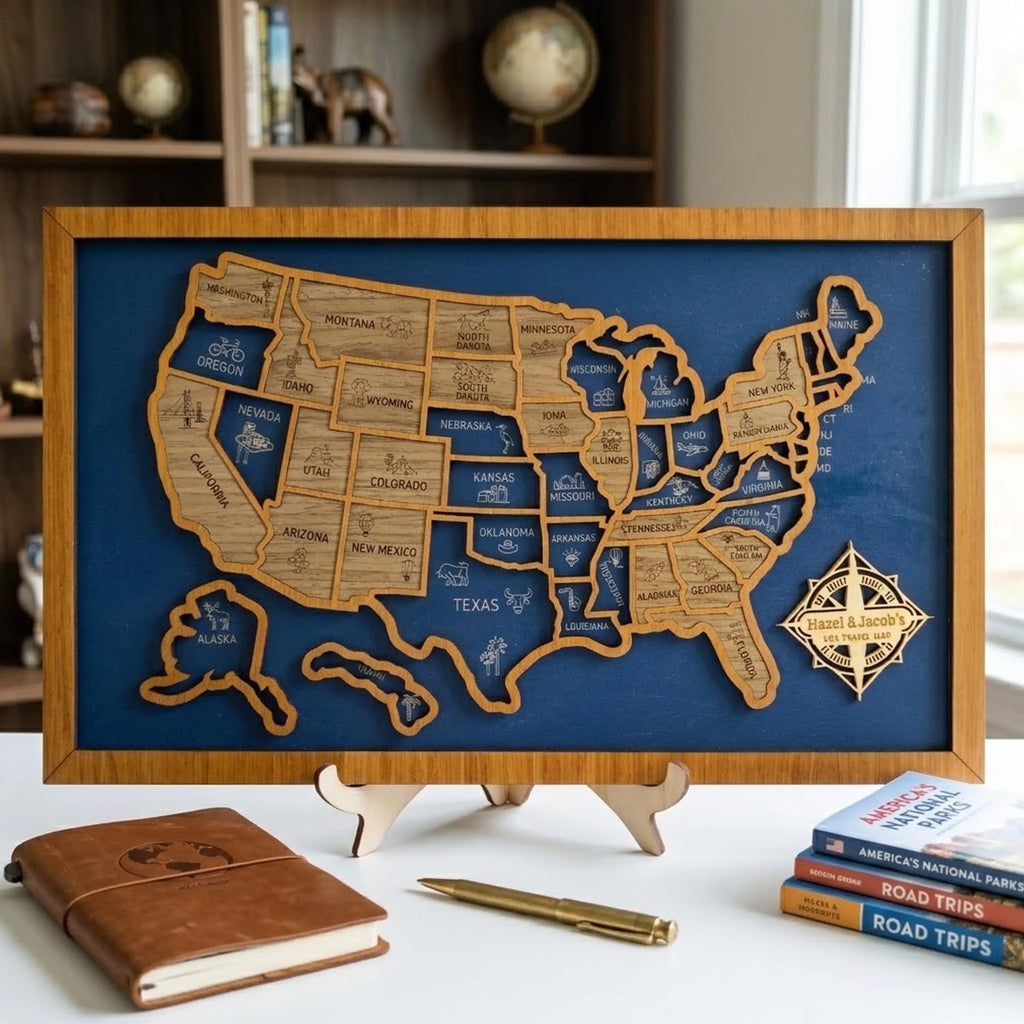 Personalized Wooden USA Travel Map Puzzle – 50 States Visited Tracker & Wall Art