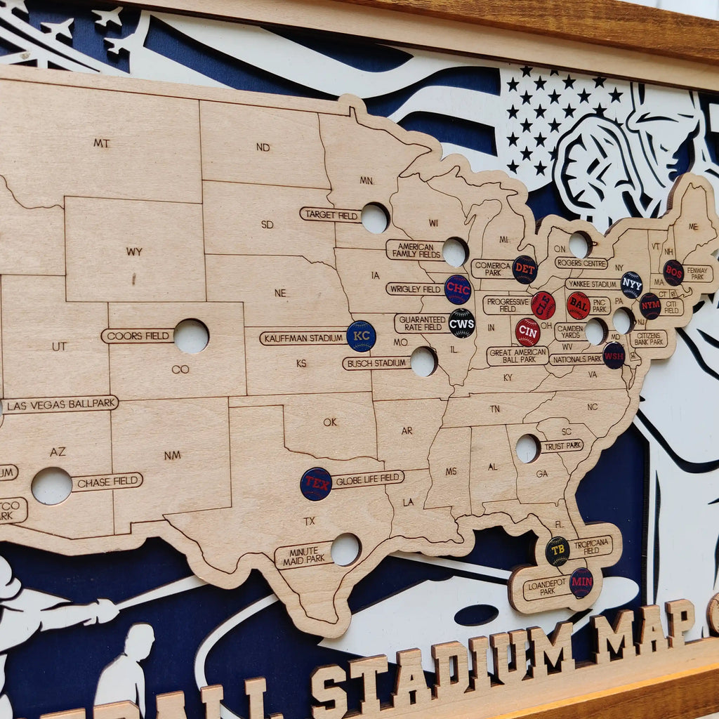Custom Team Color Wooden MLB Stadium Map with Team Pins