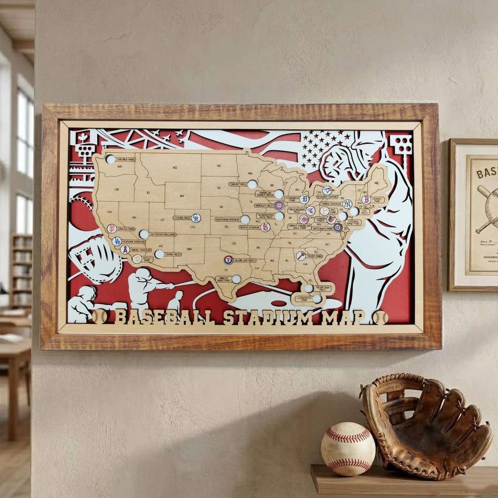 Custom Team Color Wooden MLB Stadium Map with Team Logo Pins - Mappae Pilot