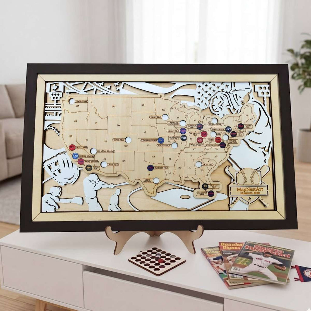 Personalized Wooden MLB Stadium Map with Engraved Nameplate & Colorful Team Pins - Mappae Pilot