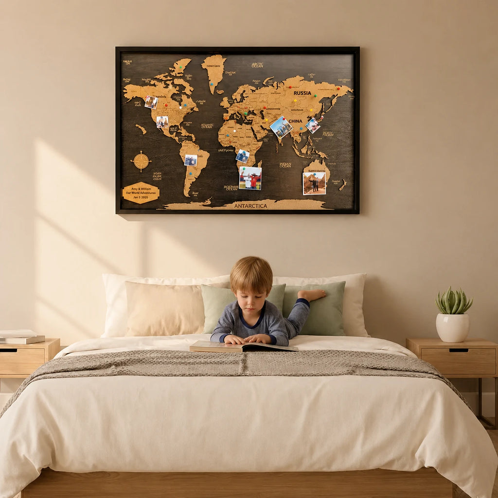 Premium Framed Wooden World Map Wall Art