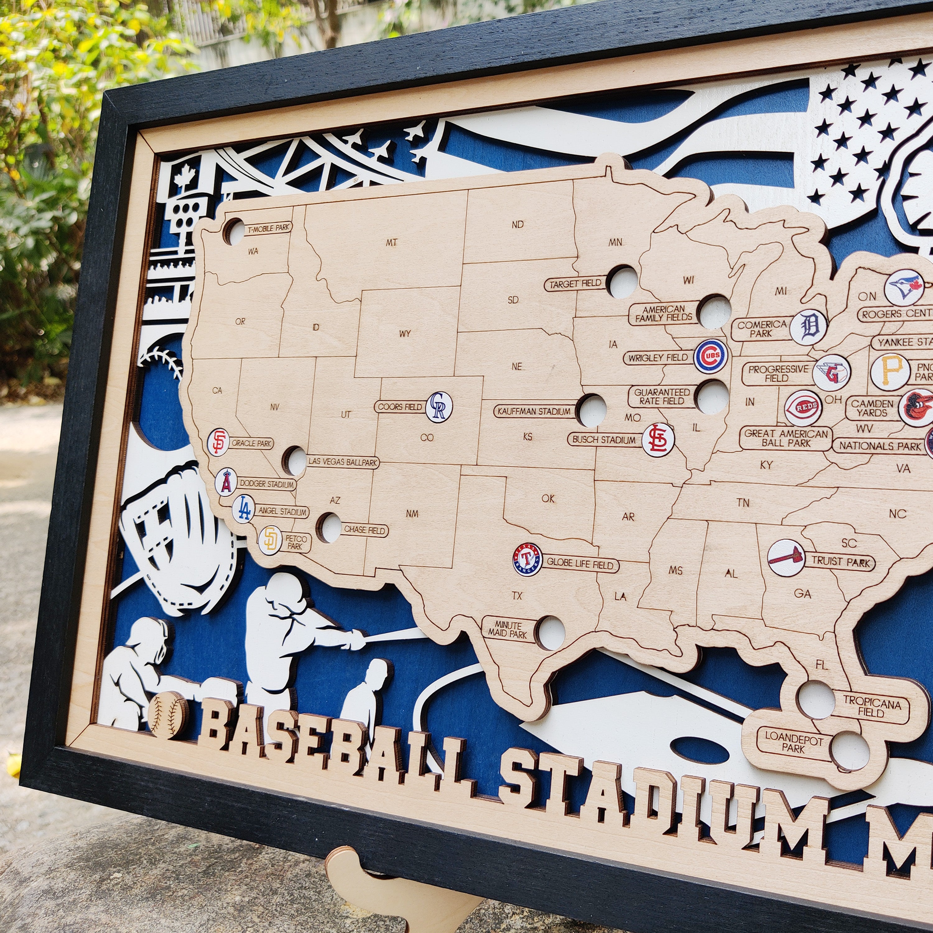 Custom Team Color Wooden MLB Stadium Map with Team Logo Pins