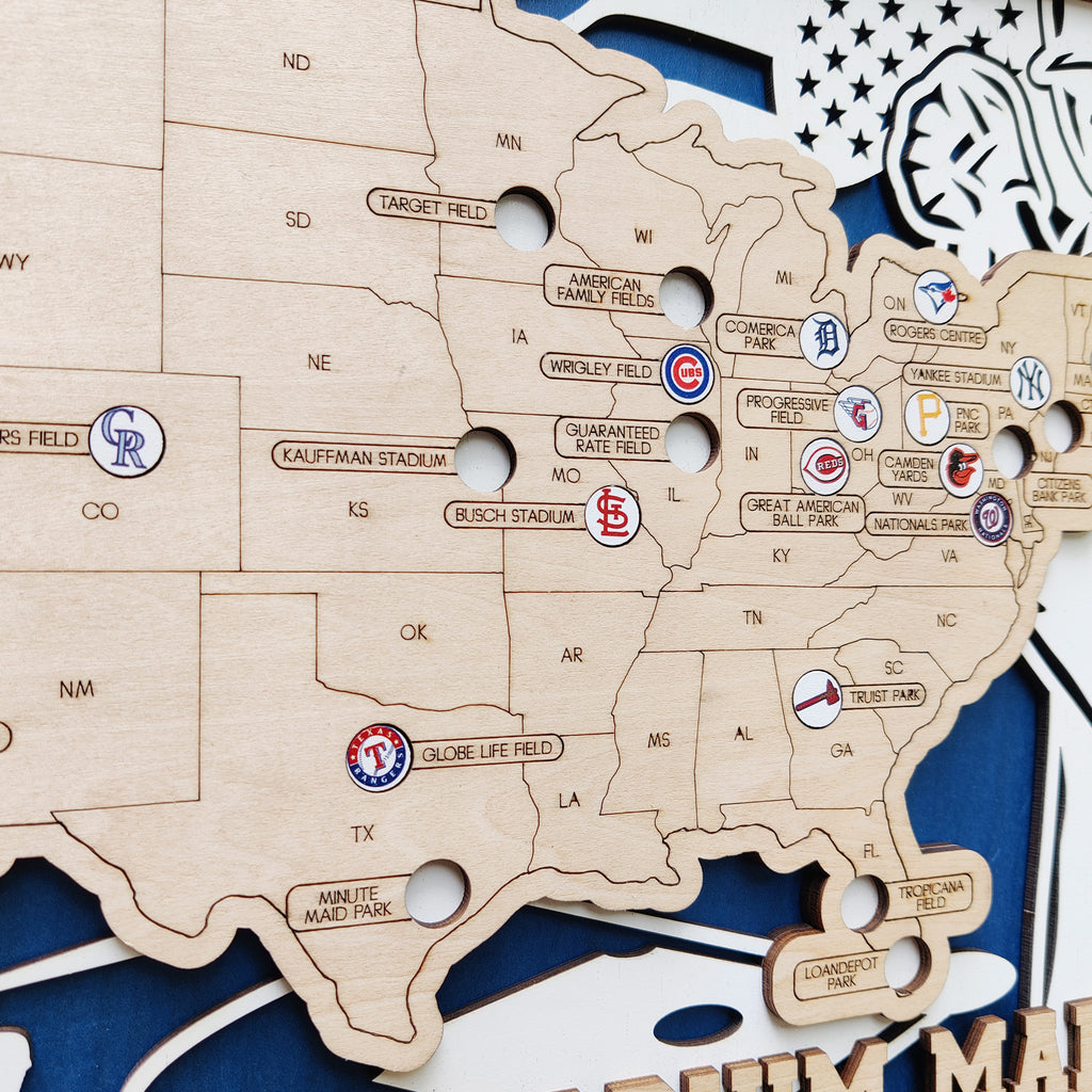 Custom Team Color Wooden MLB Stadium Map with Team Logo Pins